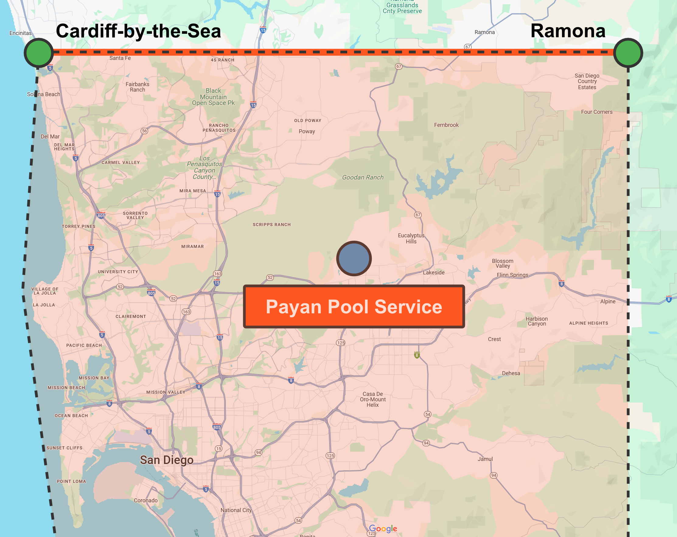 Map of service area showing Ramona, CA down to San Diego, CA.